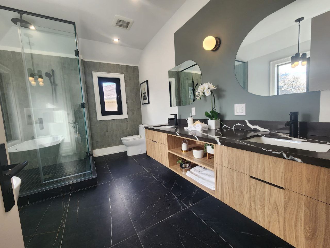 Master bathroom double vanity with quartz countertop